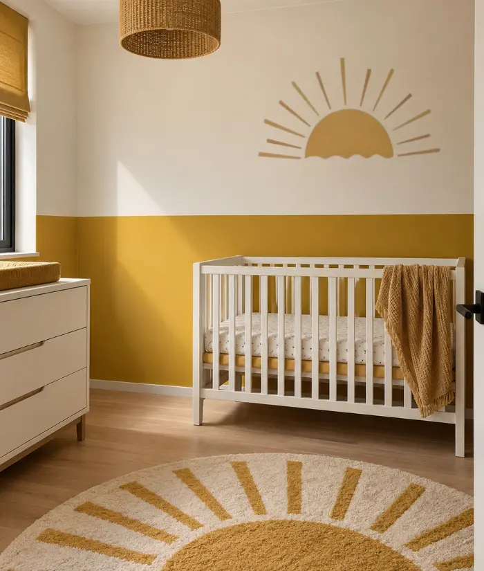 Okergele babykamer met boho zon behangsticker